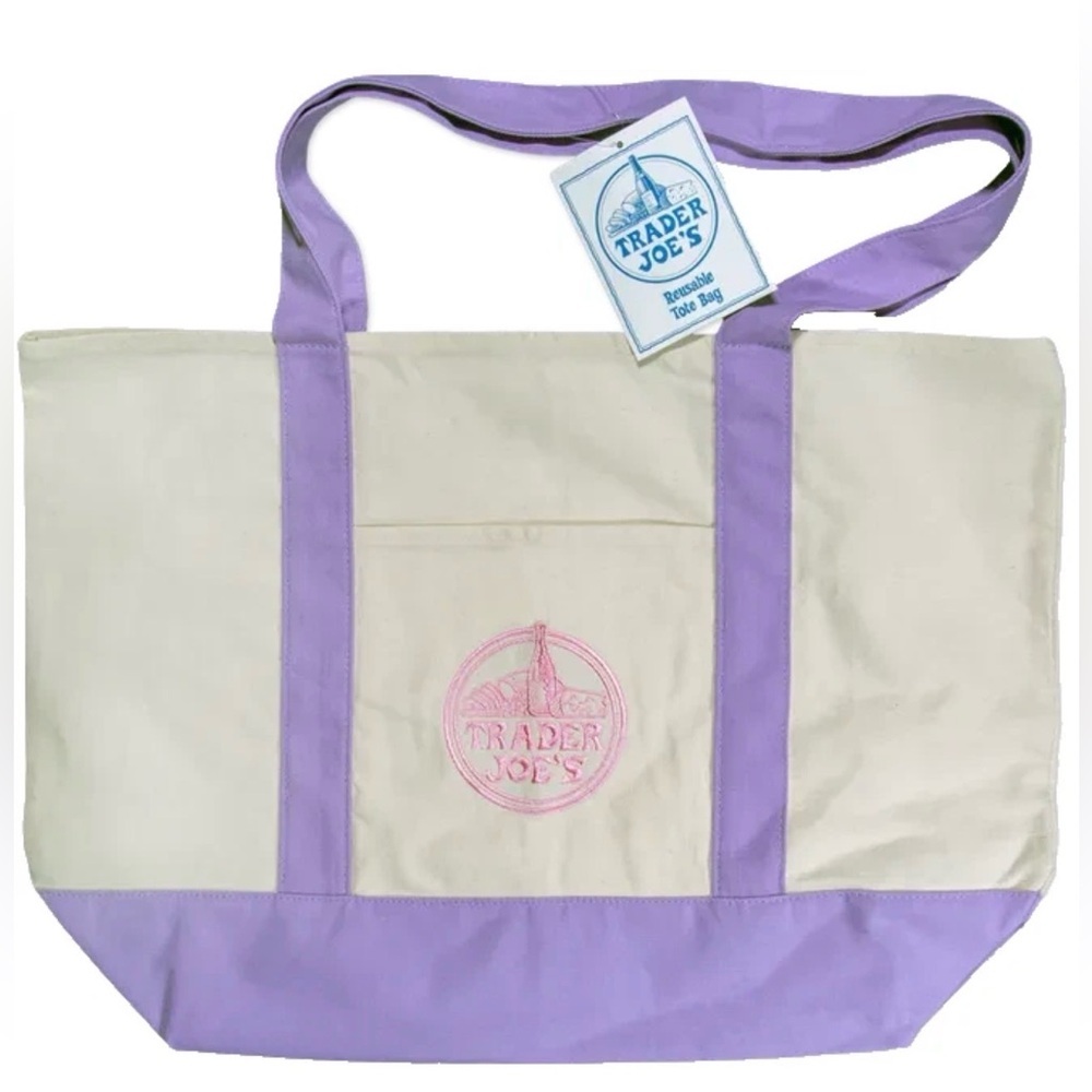 Trader Joe’s 2026 Large Lavender Canvas Tote Bag with Pink Embroidered Logo 💜🩷